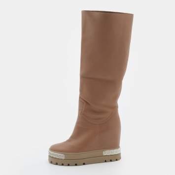 Pre Owned Casadei Nude Pink Suede and Leather Wedge Boots Size 38.5