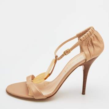 Pre Owned Casadei Metallic Beige Leather Ankle Strap Sandals Size 38.5