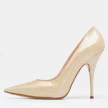 Pre Owned Casadei Beige Croc Embossed Patent Leather Pointed Toe Pumps Size 38.5