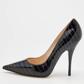 Pre Owned Casadei Black Croc Embossed Patent Leather Pointed Toe Pumps Size 38.5
