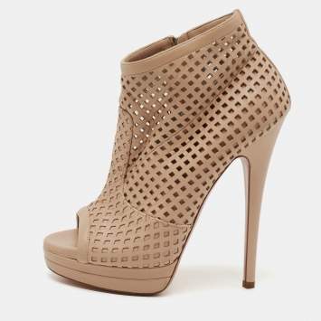 Pre Owned Casadei Beige Laser Cut Leather Open-Toe Platform Booties Size 38