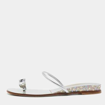 Pre Owned Casadei Silver Leather Crystal Embellished  Ring Toe Flat Sandals Size 39