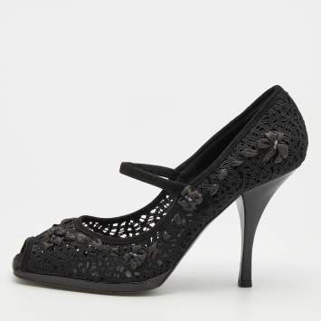 Pre Owned Casadei Black Crochette Nylon and Suede Peep Toe Pumps Size 39