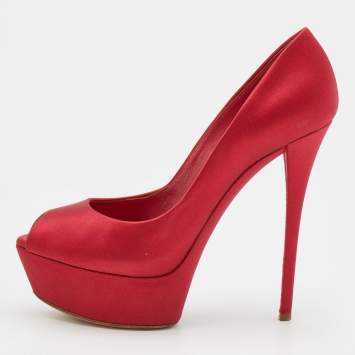 Pre Owned Casadei Red Satin Peep Toe Platform Pumps Size 37.5