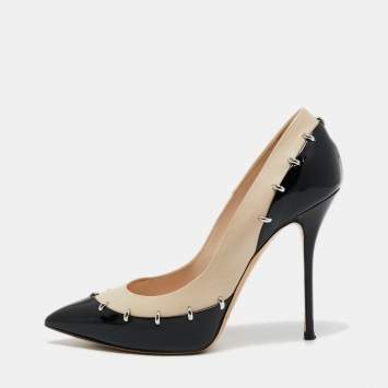 Pre Owned Casadei Beige/Black Patent and Leather Blade Pumps Size 36