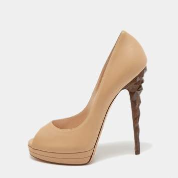 Pre Owned Casadei Beige Leather Peep Toe Platform Pumps Size 40