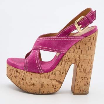 Pre Owned Casadei Pink Suede Cork Platform Block Heel Sandals Size 38