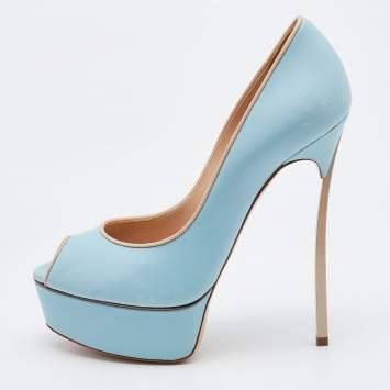 Pre Owned Casadei Blue/Beige Leather Peep Toe Platform Pumps Size 35.5