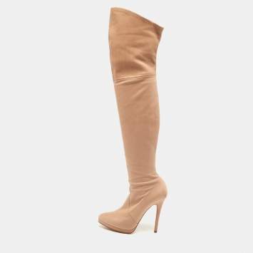 Pre Owned Casadei Beige Leather Over The Knee Boots Size 37.5