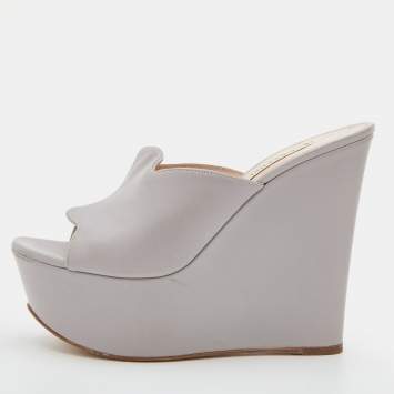 Pre Owned Casadei Grey Leather Platform Wedge Slide Sandals Size 38.5