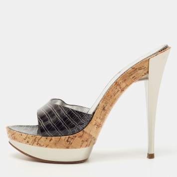 Pre Owned Casadei Black Croc Embossed Patent Leather Cork Platform Sandals Size 39