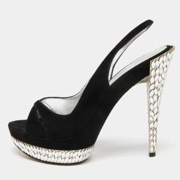 Pre Owned Casadei Black Suede Crystals Embellished Slingback Pumps Size 37.5
