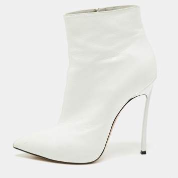 Pre Owned Casadei White Leather Platform Pointed Toe Ankle Boots Size 37.5