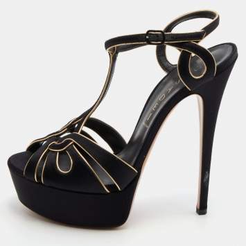 Pre Owned Casadei Black/Gold Satin and Leather Platform Sandals Size 37