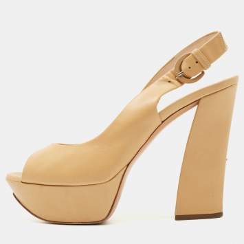 Pre Owned Casadei Beige Leather Platform Slingback Peep Toe Pumps Size 36.5