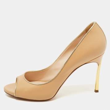 Pre Owned Casadei Beige Leather Blade Open Toe Pumps Size 37