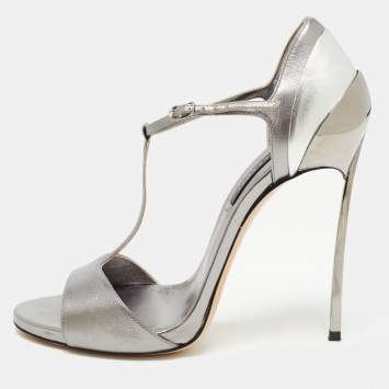 Pre Owned Casadei Metallic Silver Leather T-strap Sandals Size 39