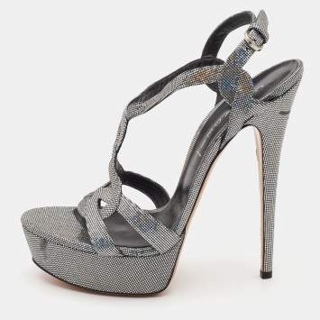 Pre Owned Casadei Metallic Glitter Suede Ankle Strap Sandals Size 41
