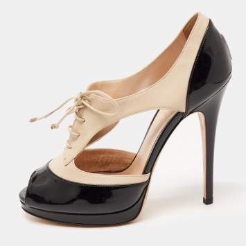 Pre Owned Casadei Black/Beige Patent and Leather Cut Out Lace Up Platform Booties Size 37.5