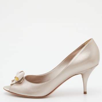 Pre Owned Casadei Metallic Leather and Satin Bow Peep Toe Pumps Size 39