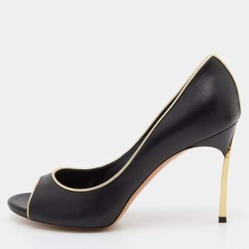 Pre Owned Casadei Black/Gold Leather Open Toe Blade Heel Pumps Size 37
