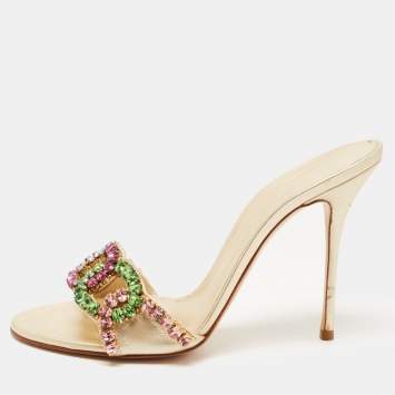 Pre Owned Casadei Gold Leather Crystal Embellished Slide Sandals Size 37.5