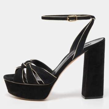 Pre Owned Casadei Black/Gold Suede Platform Ankle Strap Sandals Size 36