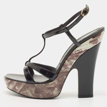 Pre Owned Casadei Black Patent Leather  and Lizard Embossed Cross Strap Platform Sandals Size 37