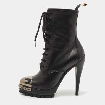 Pre Owned Casadei Black Leather Metal Cap Toe Lace Up Ankle Booties Size 36