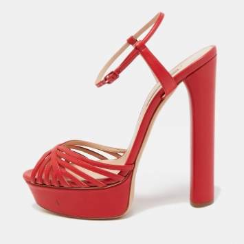 Pre Owned Casadei Red Leather Open Toe Platform Ankle Strap Sandals Size 39