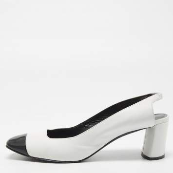 Pre Owned Casadei White/Black Leather and Patent Square Cap Toe Slingback Pumps Size 37
