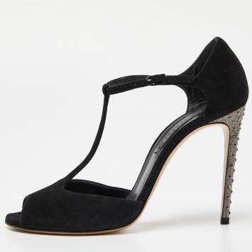 Pre Owned Casadei Black Suede Crystal Embellished Heel Ankle Wrap Sandals Size 38