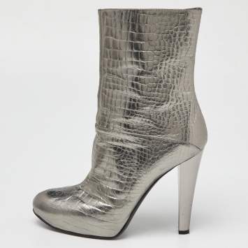 Pre Owned Casadei Silver Croc Embossed Leather Mid Calf Boots Size 38