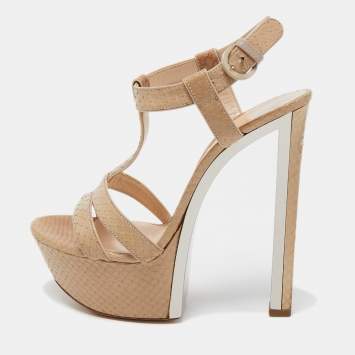 مملوكة مسبقًا Casadei Beige Embossed Python Platform T-Strap Sandals Size 38