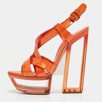 Pre Owned Casadei Orange Patent Leather Ankle Strap Sandals Size 38