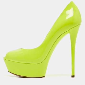 Pre Owned Casadei Lime Green Patent Leather Daisy Peep Toe Platform Pumps Size 37
