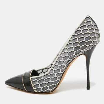 Pre Owned Casadei White/Black Net and Leather Pointed Toe Pumps Size 37.5