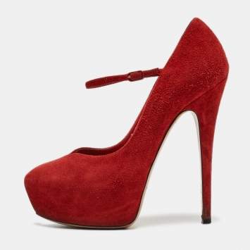 Pre Owned Casadei Red Suede Mary Jane Platform Pumps Size 36