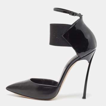 Pre Owned Casadei Black Leather and Patent Ankle Strap Pumps Size 37.5
