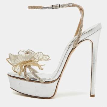 Pre Owned Casadei Silver/Gold Crystal Leather Flower Embellished Platform Ankle Strap Sandals Size 38.5
