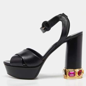 Pre Owned Casadei Black Leather Crystal Embellished Platform Sandals Size 38