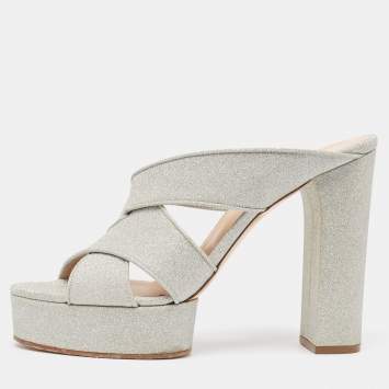 Pre Owned Casadei Silver Glitter Leather Slide Sandals Size 39.5
