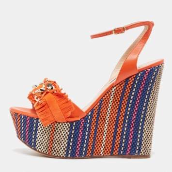 مملوكة مسبقًا Casadei Orange Leather and Suede Chain Detail Ankle Strap Sandals Size 37
