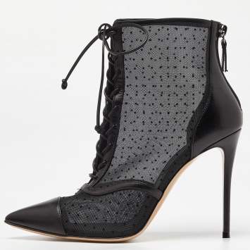 Pre Owned Casadei Black Mesh and Leather Lace Up Ankle Booties Size 38