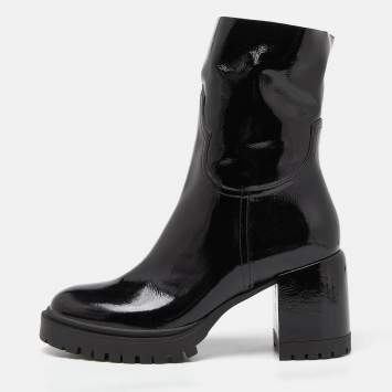 Pre Owned Casadei Black Patent Leather Block Heel Ankle Boots Size 40