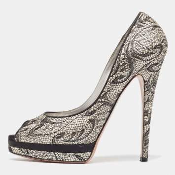 Pre Owned Casadei Two Tone Satin and Lace Peep Toe Platform Pumps Size 38.5