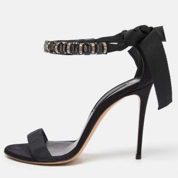 Pre Owned Casadei Black Satin Crystals Embellished Ankle Wrap Sandals Size 36.5