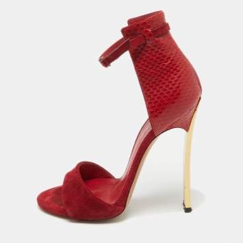 Pre Owned Casadei Red Suede and Snakeskin Ankle Strap Sandals Size 36