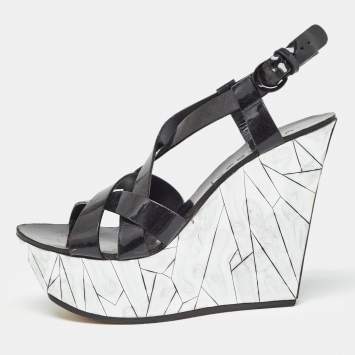 Pre Owned Casadei Black/Silver Patent Leather Mirrored Crack Wedge Sandals Size 40