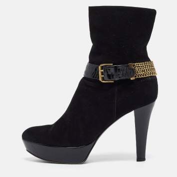 Pre Owned Casadei Black Suede Buckle Chain Embellished Platform Ankle Boots Size 38